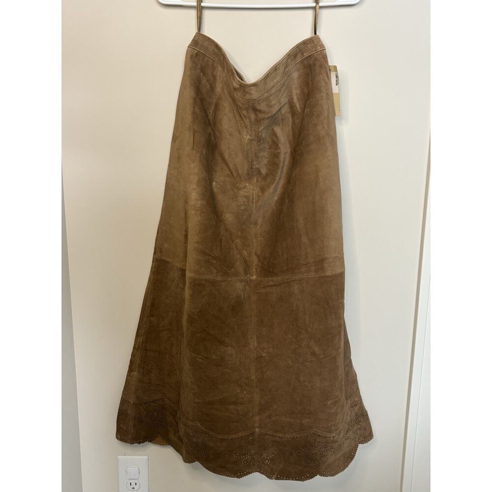 NWT Bernardo Cognac Brown 100% Leather Suede A-Line Laser Cut Midi Max Skirt 12 - Picture 1 of 12